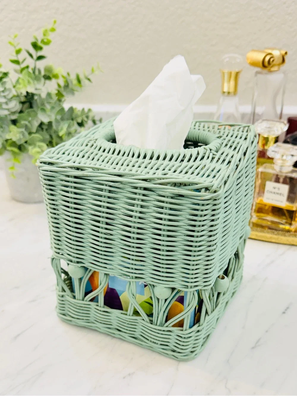 Vintage 1970s Mint Wicker Tissue Box Cover – Boho Handwoven
